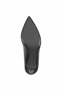 Black high heel shoe with a pointed toe design, smooth leather texture, and a narrow heel. Sole features a circular logo detail.