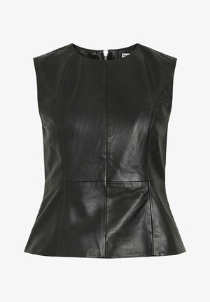 Ujjatlan fekete bőrfelső kerek nyakkivágással, varrási díszítéssel és hátul cipzáras záródással.