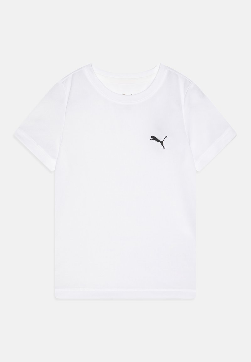 Camiseta blanca de manga corta hecha de una tela suave, con un logo negro de Puma en el pecho izquierdo y un diseño de corte regular.