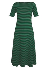 Grön och svart randig klänning med korta ärmar, båturringning och en utsvängd kjoldesign. Mjuk tyg med en slät textur.