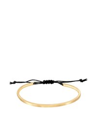 Gouden metalen armband met een minimalistisch cirkelvormig ontwerp, voorzien van een zwart verstelbaar koord. Soepele textuur, eenvoudige stijl.