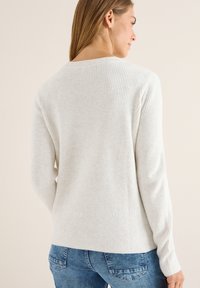 Hellgrauer, gerippter Strickpullover mit langen Ärmeln und Rundhalsausschnitt, kombiniert mit blauen Jeans, von hinten betrachtet.