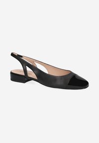 Black slingback shoe with a matte leather body and glossy patent toe cap. Features a low block heel and cut-out design on the sides.