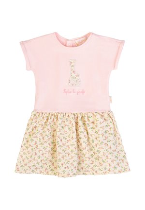 Vestito rosa per neonata con maniche corte, gonna floreale e grafica di una giraffa sul petto con la scritta "Sophie la girafe".