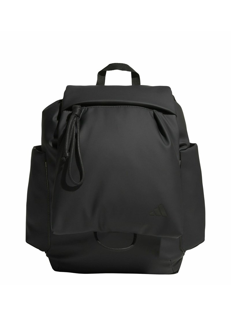 Black backpack with a smooth, matte texture, adjustable drawstring closure, side pocket, and a logo on the front.