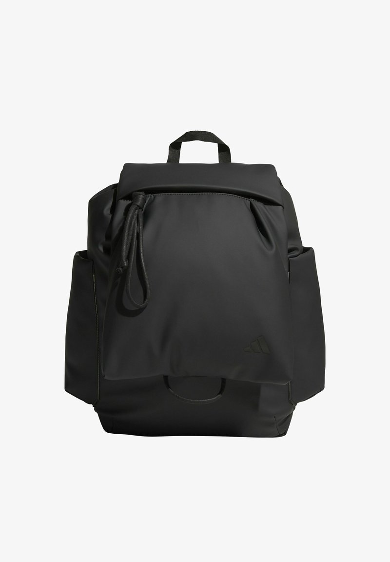 Black backpack with a smooth, matte texture, adjustable drawstring closure, side pocket, and a logo on the front.