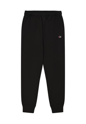 Pantaloni de trening negri, realizați dintr-un material moale, cu o talie elastică și manșete strânse la glezne. Prezintă un logo mic pe coapsa stângă.