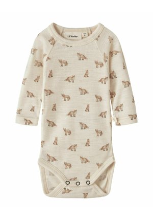 Crèmekleurig bodysuit met lange mouwen en een vosjespatroon, gemaakt van zachte stof. Voorzien van drukknopen aan de onderkant en een ronde halslijn.