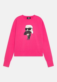 Sweatshirt court fuchsia en tissu doux, avec un motif de personnage de dessin animé portant des lunettes de soleil et un graphique d'éventail sur le devant.