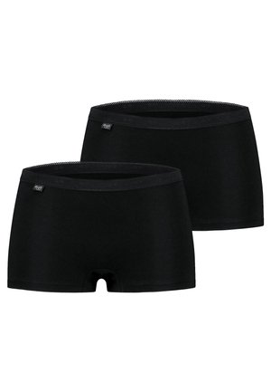 To sorte sømløse dameunderbukser i boyshort-stil med elastiske taljebånd og små mærketags på venstre side.