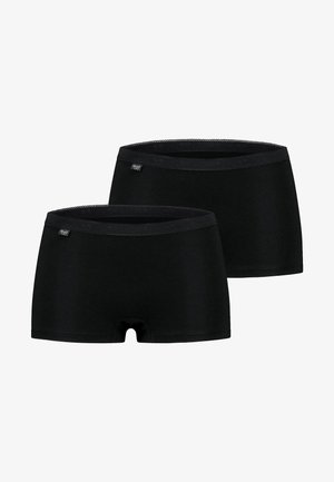 Twee zwarte naadloze damesboyshorts met elastische taillebanden en kleine merkemblemen aan de linkerkant.