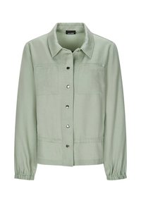 Veste longue à manches longues vert clair avec col, boutons-pression à l'avant, deux poches poitrine et poignets élastiques.