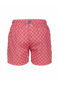 Costumi da bagno multicolore in rosso e bianco con un motivo geometrico. Presentano una cintura elastica e un'etichetta sul retro.