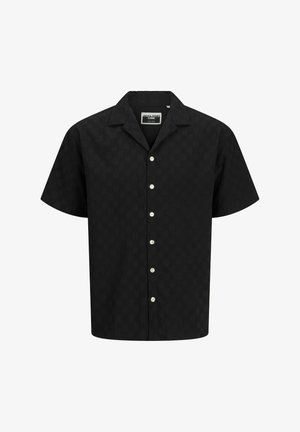 Short-sleeve, black shirt with a textured pattern, button closure, and a pointed collar. Fabric appears smooth, with a relaxed fit.