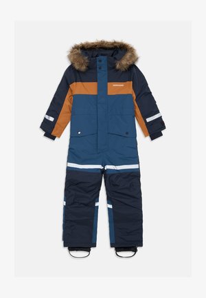 Ski suit in blue, orange, and navy with faux fur trim, zippered front, reflective stripes, and insulated material. Features adjustable cuffs.