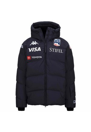 Giacca imbottita blu navy con cappuccio, caratterizzata da loghi bianchi e rossi, zip frontale e polsini elasticizzati per una vestibilità regolabile.