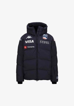 Giacca imbottita blu navy con cappuccio, caratterizzata da loghi bianchi e rossi, zip frontale e polsini elasticizzati per una vestibilità regolabile.