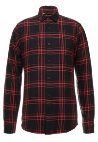 Schwarzes und rotes Karomuster Flanellhemd mit Knopfleiste, langen Ärmeln und klassischem Kragen. Verfügt über einen strukturierten Stoff und schwarze Knöpfe.