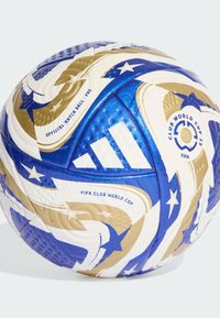 Adidas soccer ball with blue, white, and gold design. Features textured surface, stars, and branding for FIFA Club World Cup 2025.