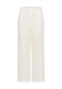 Witte geborduurde wijde broek met bloemen uitsnijdingen en een trekkoord in de taille. Gemaakt van lichte katoen.