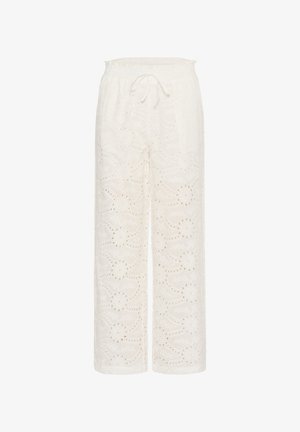 Balti siuvinėti plačių kojų kelnių su gėlių išpjovų raštais ir raišteliu juosmenyje. Pagamintos iš lengvos medvilnės audinio.