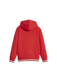 Sweat à capuche rouge, confectionné en tissu doux. Il présente des poignets et un ourlet côtelés avec des rayures blanches. Texture lisse, design simple.