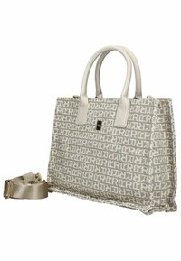 Beige draagtas met een geometrisch logo patroon, met twee handvatten aan de bovenkant, gestructureerde vorm en een afneembare schouderband. Gouden hardware accenten.