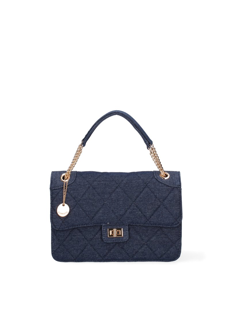 Dark blue quilted denim handbag with a gold-tone chain handle and a circular charm. Features a flap closure and a rectangular metal clasp.