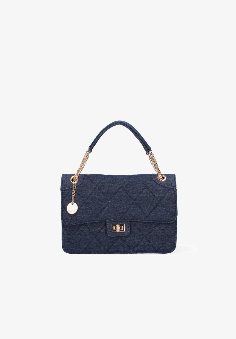 Dark blue quilted denim handbag with a gold-tone chain handle and a circular charm. Features a flap closure and a rectangular metal clasp.