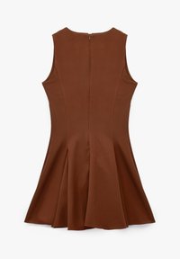 Brązowa, bezrękawnkowa sukienka z rozkloszowanym dołem, z tylnym zamkiem błyskawicznym i gładkiego, miękkiego materiału. Dopasowany krój z czystą sylwetką.