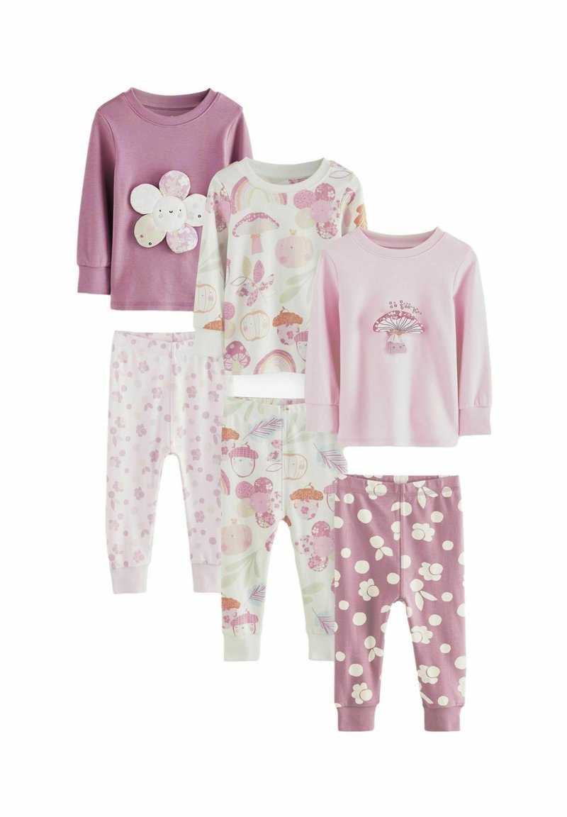 Ensemble de pyjama pour enfants en cinq pièces dans des tons de rose. Comprend des motifs floraux et de champignons, en matériau en coton doux, avec des ceintures élastiques.