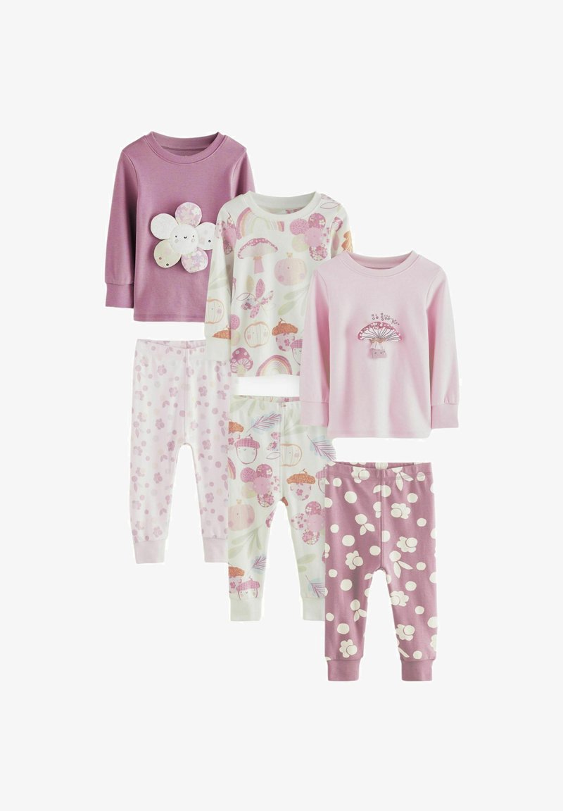 Fünfteiliges Kinder-Pyjama-Set in Rosatönen. Mit Blumen- und Pilzmuster, aus weichem Baumwollmaterial und mit elastischen Taillenbündchen.