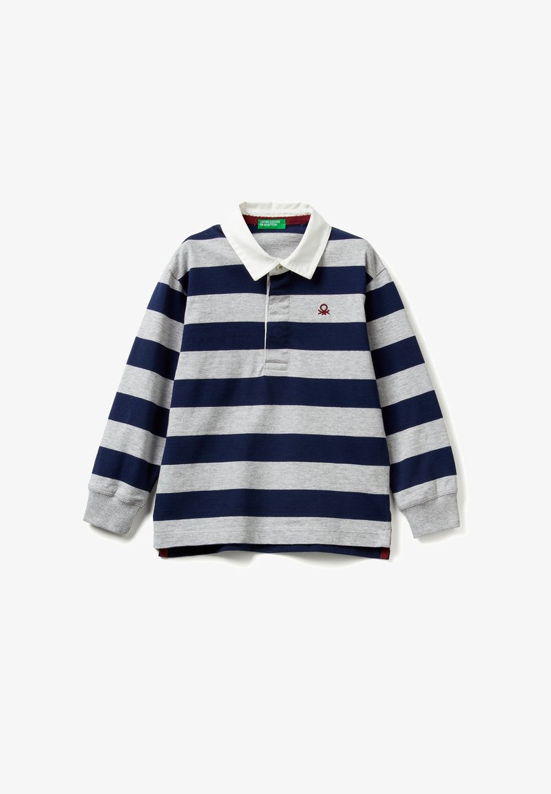 Poloshirt met lange mouwen in grijs en marineblauwe strepen, gemaakt van een katoenmix, met een witte kraag en een klein rood octopuslogo op de borst.