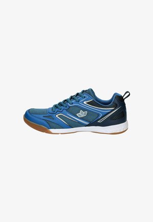 Blue and black athletic shoe with mesh and synthetic upper, white midsole, gum rubber outsole, and pull tab on the heel, shown from the side.