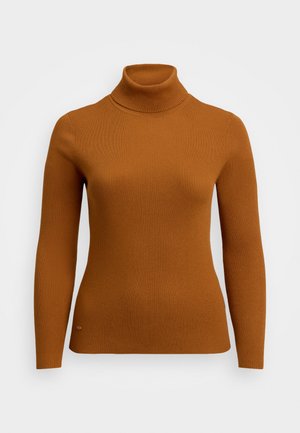 Ruskea ribattuja pooloneule pitkähihaisella ja vartalonmyötäisellä muotoilulla. Sisältää hienovaraisen logon korostuksen helmassa. Sileä pinta.