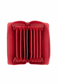 Portefeuille zippé rouge en cuir, doté de multiples emplacements pour cartes avec un design accordéon structuré pour une organisation optimale et un accès facile.
