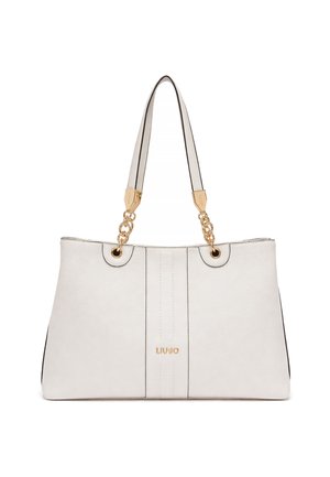 Borsa a mano Liu Jo in pelle bianca con catena dorata e tracolla in pelle, dettaglio verticale cucito e logo del marchio al centro frontale.