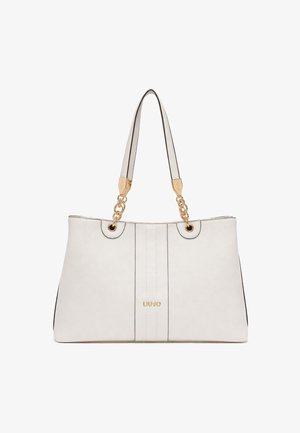 Borsa a mano Liu Jo in pelle bianca con catena dorata e tracolla in pelle, dettaglio verticale cucito e logo del marchio al centro frontale.