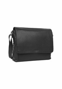 Črna usnjena torba za sporočila z teksturirano površino, zapiranjem na zložitev in nastavljivim pasom. Ponuja minimalističen dizajn in subtilno blagovno znamko.