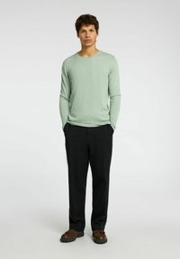 Långärmad mintgrön skjorta med rund halsringning, kombinerad med svarta byxor och bruna skor. Enkelt mönster och mjuk textur.