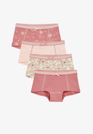 Set van vier paar katoenen boxershorts in tinten roze, met patronen van zonnen en manen, bloemenontwerpen en gestreepte taillebands.