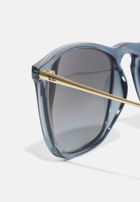 Occhiali da sole in acetato grigio con lenti a sfumatura scura e tempie in metallo color oro. Il logo distintivo del marchio è impresso sulla tempia.