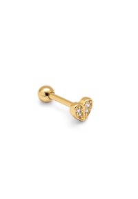 Chiodo per piercing in tonalità oro a forma di cuore, con pietre preziose trasparenti incorporate in una metà, e una finitura liscia e lucida.