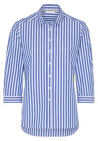 Camicia a righe blu e bianche con design a bottoni, maniche lunghe e orlo curvo. Presenta bottoni bianchi e polsini a contrasto.