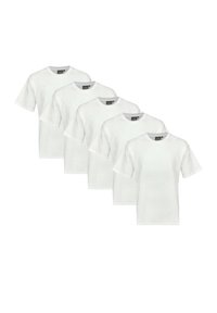 Pack mit fünf einfarbigen weißen T-Shirts, kurze Ärmel, Rundhalsausschnitt, Baumwollstoff, glatte Textur, ohne Muster oder Logos, einfaches Design.