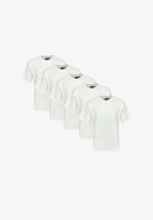 Confezione di cinque T-shirt bianche semplici, maniche corte, colletto rotondo, in cotone, con una texture liscia, senza motivi o loghi, design essenziale.