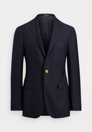 Navy blazer with a single gold button, notched lapels, two front pockets, and a chest pocket; smooth fabric and tailored fit.