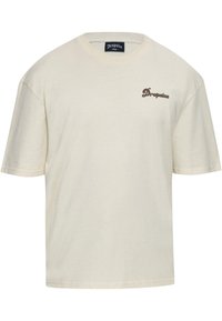Beige bomulds T-shirt med korte ærmer, rund hals og "Dropsize" logo broderet i brun på venstre bryst. Løs pasform, glat tekstur.