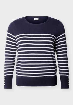Tmavomodrý sveter s dlhými rukávmi, bielymi vodorovnými pruhmi a detailmi s gombíkmi na spodnej časti rukávov, s okrúhlym výstrihom.