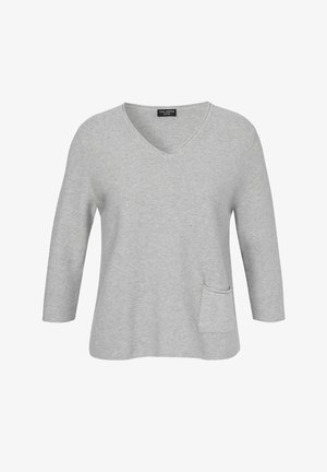 Haut gris à col en V avec des manches trois quarts, fabriqué en tissu doux, doté d'une poche sur le devant et d'une coupe décontractée.